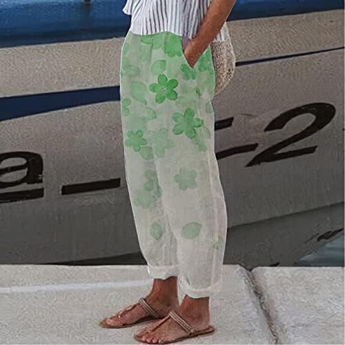 מכנסיים לרגל רחבה לנשים מכנסיים פרחים הדפס כותנה פשתן נמתחים מכנסי פשתן מתאימים לקיץ עם כיסים