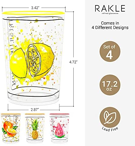 כוסות שתייה ראקל סט של 4-כוסות זכוכית צבעוניות בעיצובי פירות-כוסות מיץ 17.2 עוז למשקאות מעורבים, לימונדה,
