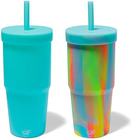 סיליפינט: כוסות קש מסיליקון 32 אונקיות: 2 חבילות - אקווה וסוכר-מכסה בלתי שביר, חם/קר, אטום, צבע עונתי