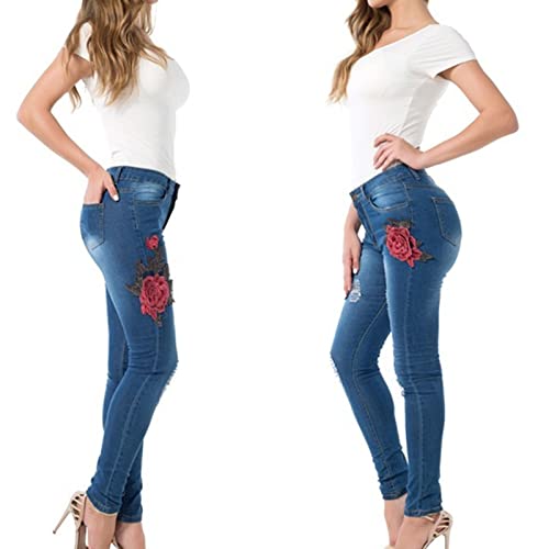 נשים פרחוני רקום במצוקה ג 'ינס החבר אמצע עלייה רזה רגל ג' ינס מכנסיים קרע סקיני למתוח ז ' אן מכנסיים