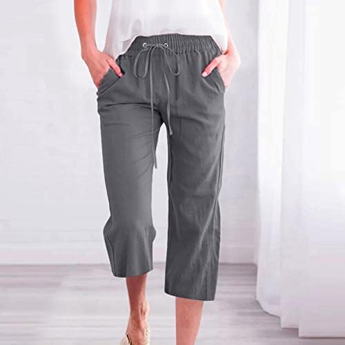 מכנסי קפרי פשתן לנשים לנשים מקדימות מגרש קיץ מכנסי רגל רחבים רופפים מכנסיים מתאימים עם כיסים
