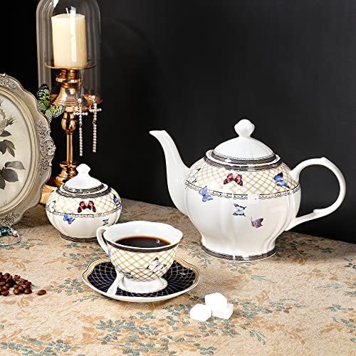 Fanquare 21 חלקים חרסינה בריטית ערכות תה של 6, כוס תה פרפרים עם כף, סט מסיבת תה צהוב למבוגרים