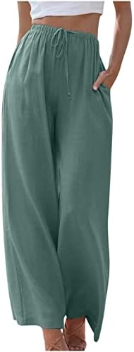 מכנסי פשתן Lcziwo לנשים מזדמנים רופפים מותניים גבוהים כותנה כותנה פלאצו רגל רחבה מכנסיים ארוכים עם כיסים