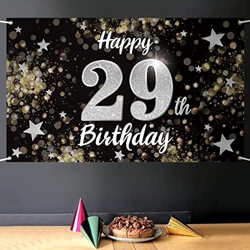 יום הולדת ה -29 שמח נלבירת שחור & מגבר; באנר גדול כוכב כסף - לחיים 29 שנים יום הולדת ישן רקע קיר הבית, קישוט מסיבת