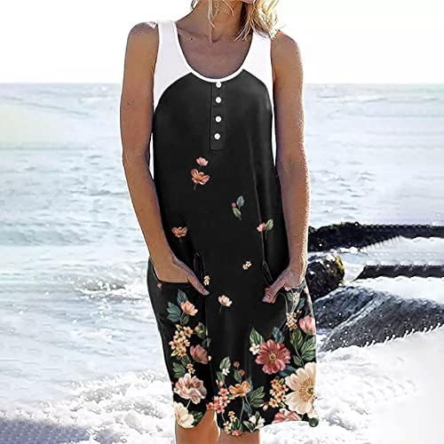 נשים מקרית רופף טנק שמלות קיץ ללא שרוולים חוף חופשת שמלת נדנדה מודפס צוואר אופנה זורם שמלות קיץ