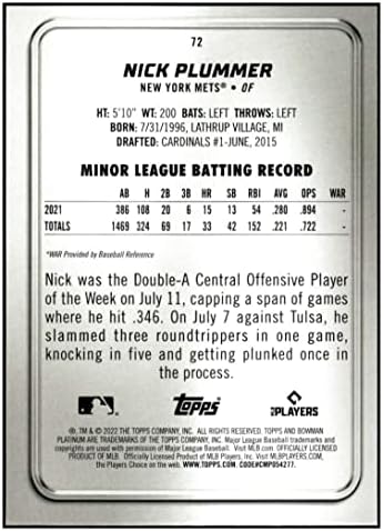 Nick Plummer RC 2022 Bowman Platinum 72 Rookie NM+ -MT+ MLB Baseball Mets