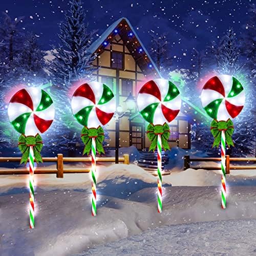 4 חבילה 27.5 סוכרייה על מקל פפרמינט נתיב חג המולד אורות חיצוניים עם קשתות, אדום ירוק 80 80 אורות