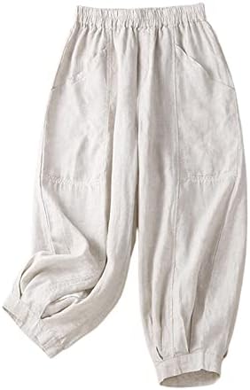 מכנסי פשתן כותנה לנשים בשליטה מכנסיים מזדמנים בצבע מוצק רופף קפריס מותניים עם כיסים