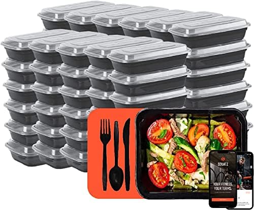 סקוואץ 150 מיכל מזון במיקרוגל-אחסון קופסא ארוחה מלבנית שחורה בגודל 33 אונקיות עם מכסים, כלים
