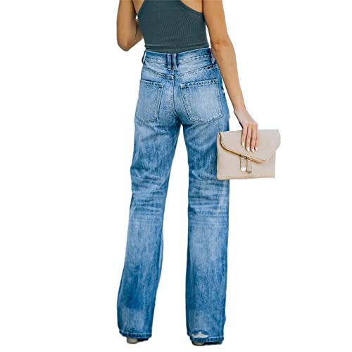 נשים של קרע חברים רחב רגל ג 'ינס במצוקה מזדמן רופף ג' ינס מכנסיים בציר ישר בבאגי ז ' אן מכנסיים