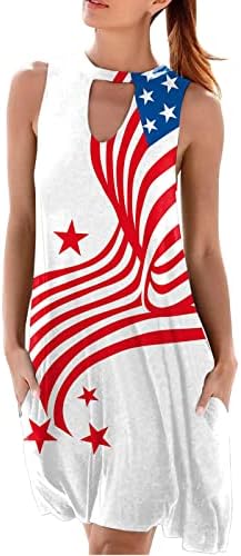 4 ביולי שמלות לנשים קיץ מקרית חוף שמלה ארה ב דגל שרוולים או צוואר חור מנעול פסים לקשור לצבוע שמלות קיץ
