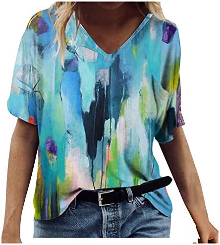חולצות קיץ של UQrzau לנשים אופנה מזדמנת מודפסת שרוול קצר V-Neck חולצת טריקו צמרת טי טריקו 2023 טיז