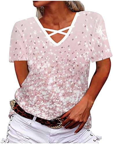 חולצות קיץ לנשים נ 'צוואר צוואר שרוול קצר צמרות עניבה גרפית צבע הדפסת טייז אופנה מזדמנת חולצות חולצות
