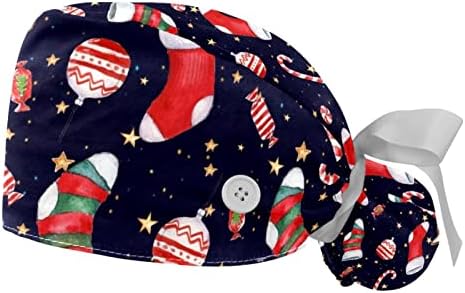 כובע עבודה עם כפתורים לנשים, נצנצים דפוס אלמנט חג המולד כותנה כותנה כובע שרוך בופנט