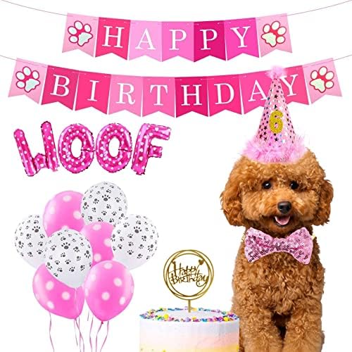 ציוד למסיבות יום הולדת לכלב, כובע יום הולדת לילדה כלב בנדנה, עניבת פרפר כלבים חמודה, כרזת יום הולדת, בלונים,