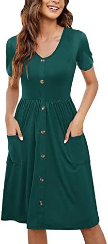 שמלות קיץ של נשים משולבות כפתור צוואר עגול שרוול קצר משובץ שולי בוהו מתנדנדת שמורה של Midi קצרה עם שמלת