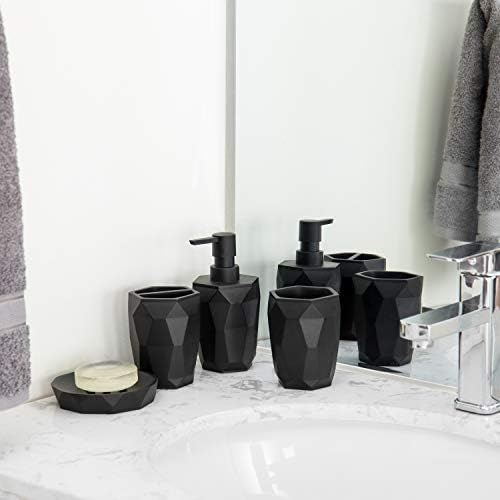 MyGift 4 חלקים אביזרי אמבטיה שרף שחור מודרני מוגדר עם עיצוב גיאומטרי כולל בקבוק משאבת קרם, מחזיק מברשת