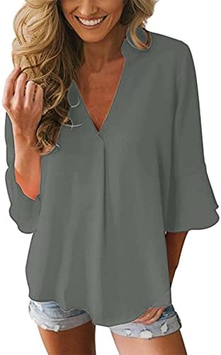חולצות T מזדמנים של ZDFER לנשים רופפות מוצקות V צוואר Peplum 3/4 שרוול ארוך שיפון סוודור חולצות
