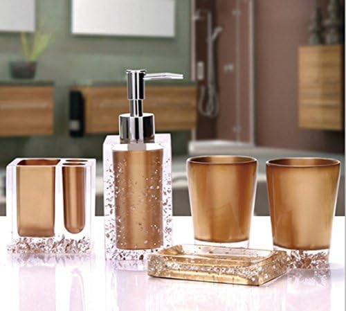 AMSS 5 חתיכות אביזרי אמבטיה מדהימים מוגדרים בקריסטל כמו כוסות צלחת סבון של מתקן סבון, זהב, זהב