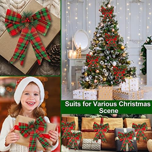 Turnmeon 4 חבילה קשתות חג מולד קישוט זרים עם פירות יער של מחטי אורן, עץ חג המולד משובץ באפלו קשתות קשתות