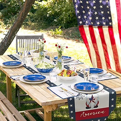 יום העצמאות 4 ביולי רצים שולחן גנום מחזיק כיסויי שולחן דגל אמריקאי לגינה מטבח פטריוטי ארהב יום דגל