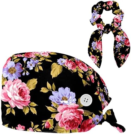 כובעי קרצוף וטבעות שיער באוזן ארנבות מוגדרות לנשים שיער ארוך, פרחים יוניסקס כובעי בופנט עם כפתורים