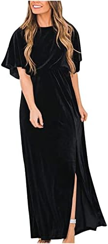 קצר שרוול קטיפה ארוך פורמליות שמלות לנשים מקרית צוות צוואר גבוהה מותן סדק מקסי שמלת מסיבת קוקטייל