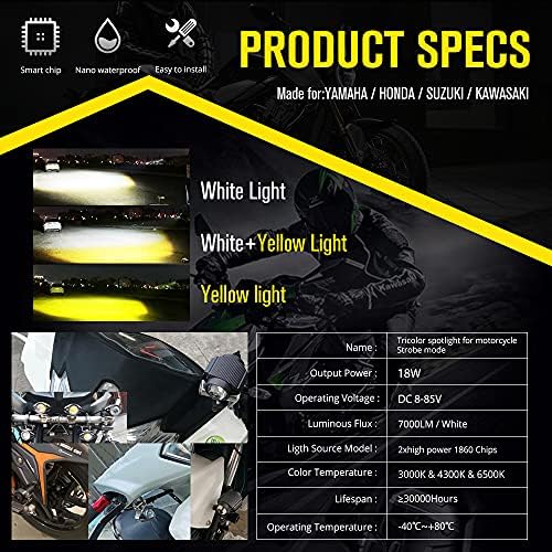 אורות נהיגה באופנוע 30 וואט אורות צבע כפול לבן/ענבר 3 מצבים אורות ספורט עם עדשה עמיד למים למכוניות