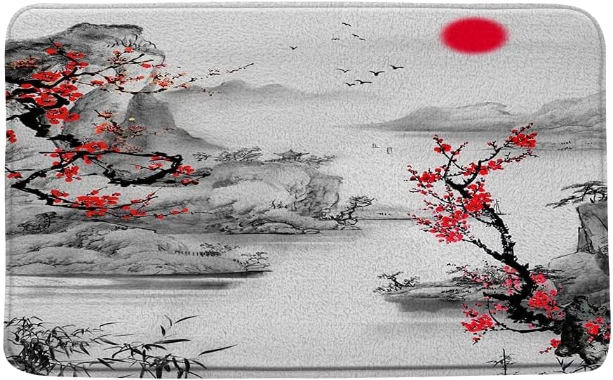 אסיה אמבטיה מחצלת אדום פריחת שזיף עץ שמש ערפילי הר בציר מזרחי סיני נוף דיו ציור רך מיקרופייבר