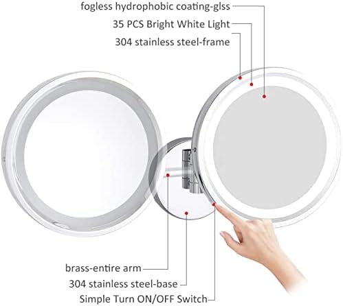 מראה מתג חיישן חכם מראה איפור עם אורות והגדלה, מראה יהירות מורכבת על קיר LED, מראה גילוח הניתנת להרחבה,