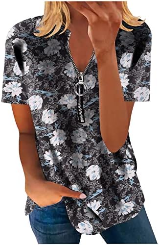צמרות אימון MRGIINRI לנשים 2023 חולצות שרוול קצר בקיץ לבוש חצי רוכסן חצי רוכסן V בצוואר חולצה אופנה רופפת טוניקה