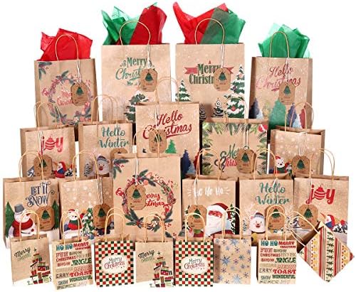 תיקי חג המולד למתנות, 84 יחידות עם 28 תיקי חג המולד, 28 תגי מתנה ו -28 נייר טישו, 4 גדלים שונים, 2 ליטר, 6 גדולים,
