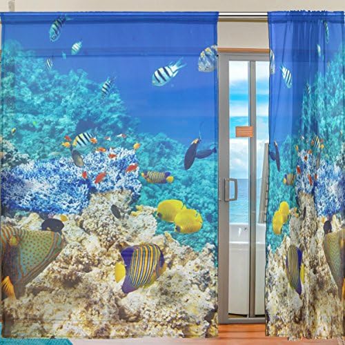 אלמוגים פרחוניים מתחת למים דגים טרופיים חצי וילונות עצומים חלון וילון ויל לוחות טיפול -55x78in לחדר ילדים בסלון,