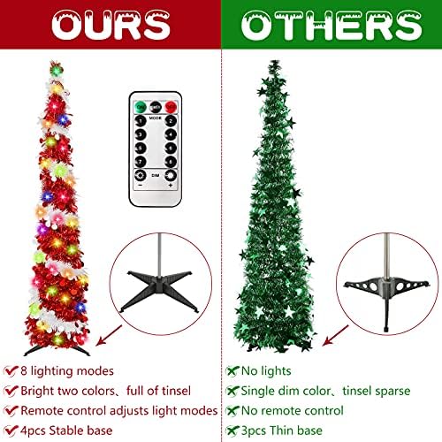 Ourwarm 5ft Pop Up Tinsel Christman עץ חג המולד, עץ חג מולד מלאכותי מתקפל עם אורות 8 מצבים עץ חג