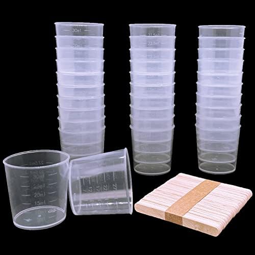 60 יחידות פלסטיק בוגר כוסות, 30 מיליליטר/1 עוז ברור בקנה מידה כוסות עם 50 יחידות עץ ערבוב מקלות עבור