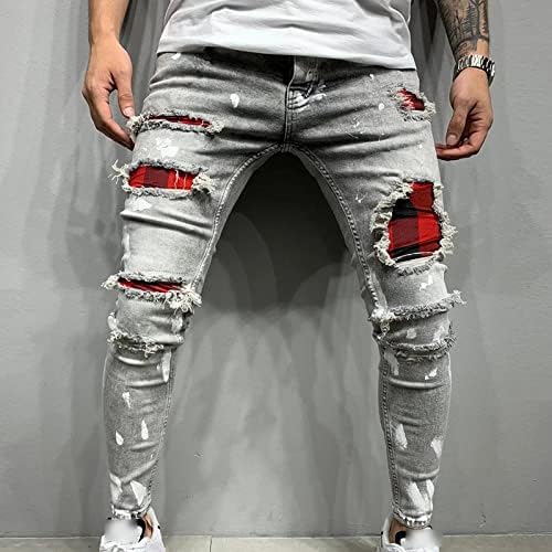 גברים של קרע תיקון סקיני ג 'ינס במצוקה למתוח אופנוען ג' ינס מכנסי עיפרון מחודדות רגל תיקונים רזה מתאים ז '