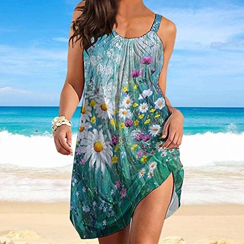 חוף שמלות לנשים קיץ מזדמן בוהמי שמלה רופף בכושר זורם מיני שמלה ללא שרוולים צווארון כיסוי עד שמלה קיצית