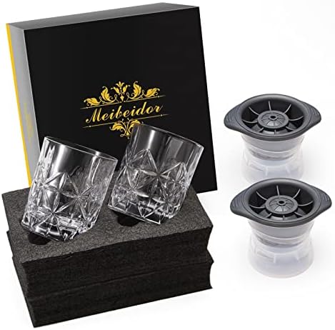 כוסות ויסקי סט של 2 כוסות סלעים & מגבר; 2 תבניות קרח, כוס בורבון כדור נמוך עם קופסא מתנה, 10 עוז כוסות