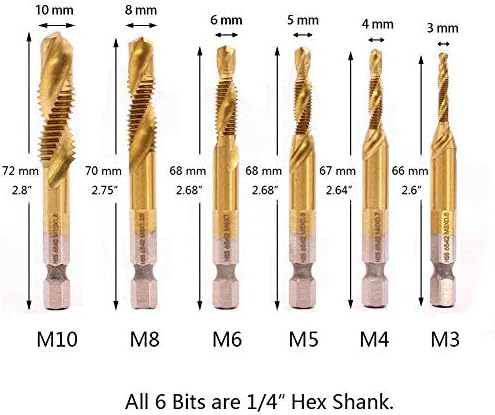 שילוב 6 יחידים 1/4 אינץ 'מקדח מקדח מונה M3-M10 Bit Bit Brockersink HSS Hex Golden