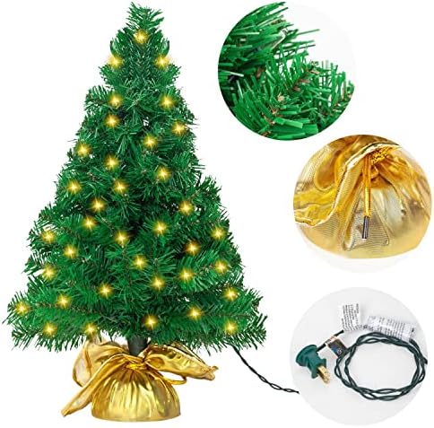Joiedomi 22 ”עץ חג המולד של שולחן השולחן לפני 100 טיפים לענף ו -50 אורות לבנים חמים בשקית בד זהב לקישוטים