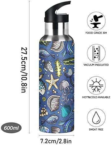 נושא אוקיינוס ​​דג דג כוכבי דו של מדוזות בקבוק מים תרמוס עם מכסה קש לילדים לילדים בנות, 600 מל, כוסות בקבוק ספורט