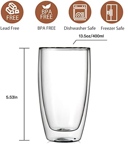 זכוכית כפולה קיר תרמו זכוכית קפה כוס 13.5 עוז, ברור מבודד זכוכית קפה ספל לאטה קפוצ ' ינו תה חלב,סט של 4