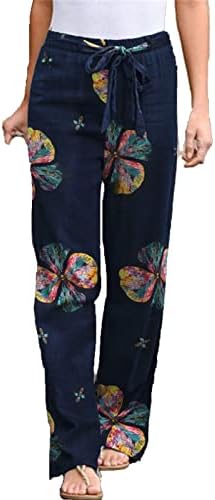 Maiyifu-GJ נשים הדפס פרחוני פשתן מכנסי חגורה אלסטיים מותניים גבוהים מודפסים מכנסי היפי מזדמנים