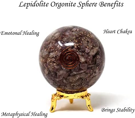 Aashita Creations Lepidolite Orgone כדור כדור עם מחזיק - מגולף טבעי 50-60 ממ