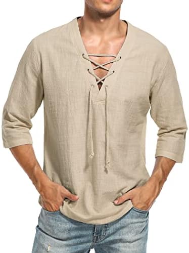 חולצת פשתן כותנה מזדמנת של Lecgee לגברים שרוול קצר v צוואר תחרה במעלה חוף היפי חולצות טי יוגה קיץ