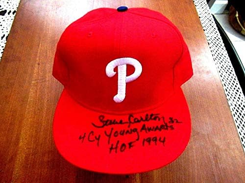 סטיב קרלטון 32 4x Cy Young Phillies Hof Stat חתום Auto ERA כובע כובע JSA - כובעים עם חתימה