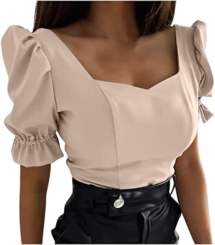 חולצות קיץ לנשים אלגנטיות שרוול נפיחות קצרות שרוול מתוקה צוואר צוואר חולצות 2023 חולצות מוצקות טרנדיות