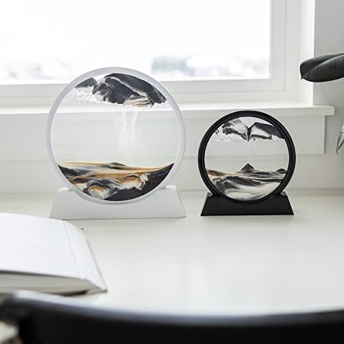 משרד מודע לעיצוב אמנות חול נע - צעצוע שולחן תנועה תמידי מביא מסגרת זכוכית עגולה מרגיעה עם נוזל שחור, לבן וזהב