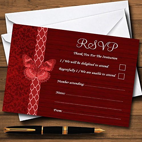 פרפר עץ וינטג 'כפרי, כרטיסי RSVP אדומים עמוקים בהתאמה אישית