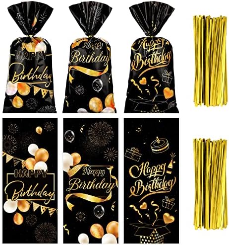 הוטופ 150 יח ' שקיות שחור וזהב יום הולדת שמח מתנת צלופן פינוק ממתק טוב עם עניבות ל-90 80 70 60 50 40 30 תפאורה